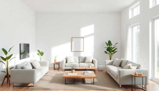 Bright minimalist living room with three light gray sofas, wooden coffee tables, potted plants, and large windows.