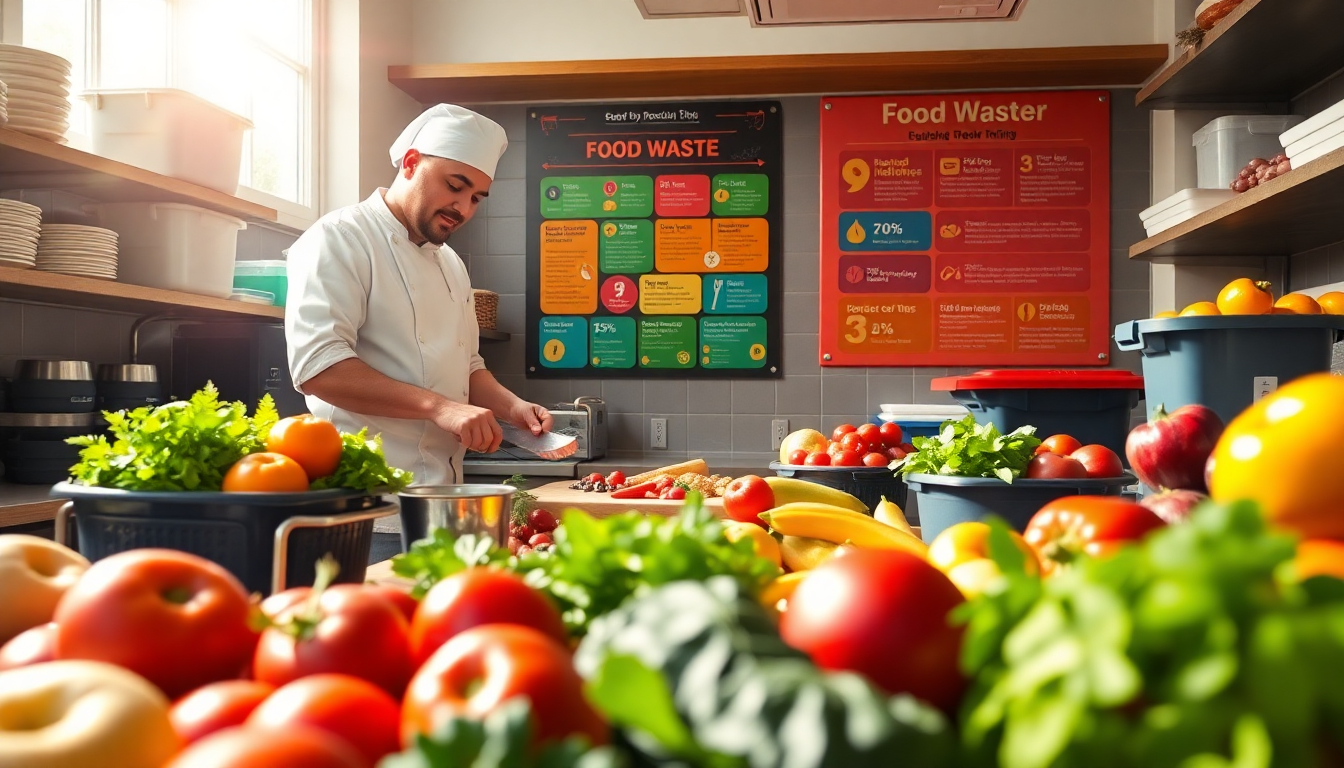 Chef in white uniform and hat chops vegetables at a counter, surrounded by tomatoes, peppers, and greens in a kitchen.