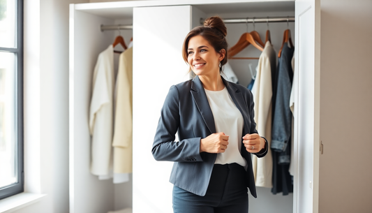 Smiling woman in a navy blazer and white top stands in an open wardrobe with hanging coats and dresses.