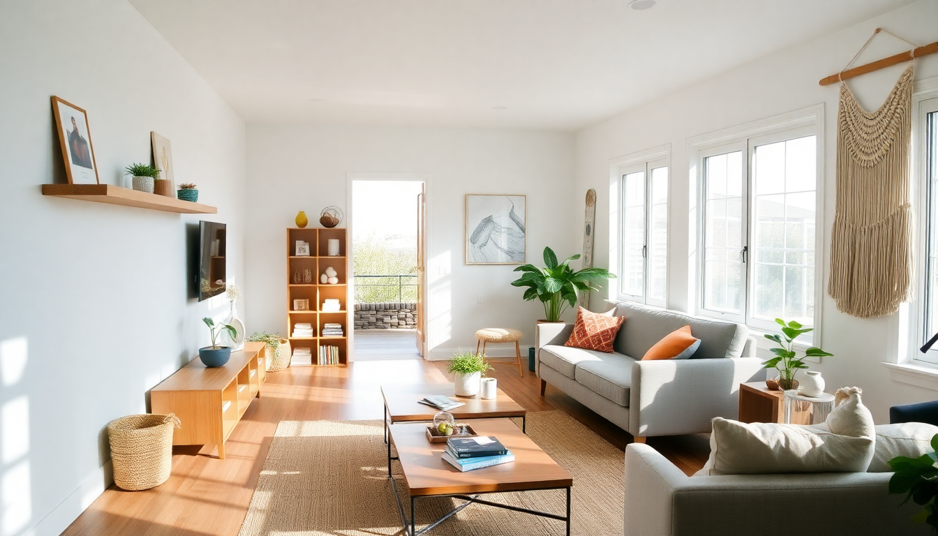 Bright living room with a gray sofa, wooden coffee table, potted plants, a woven basket, and large sunlit windows.