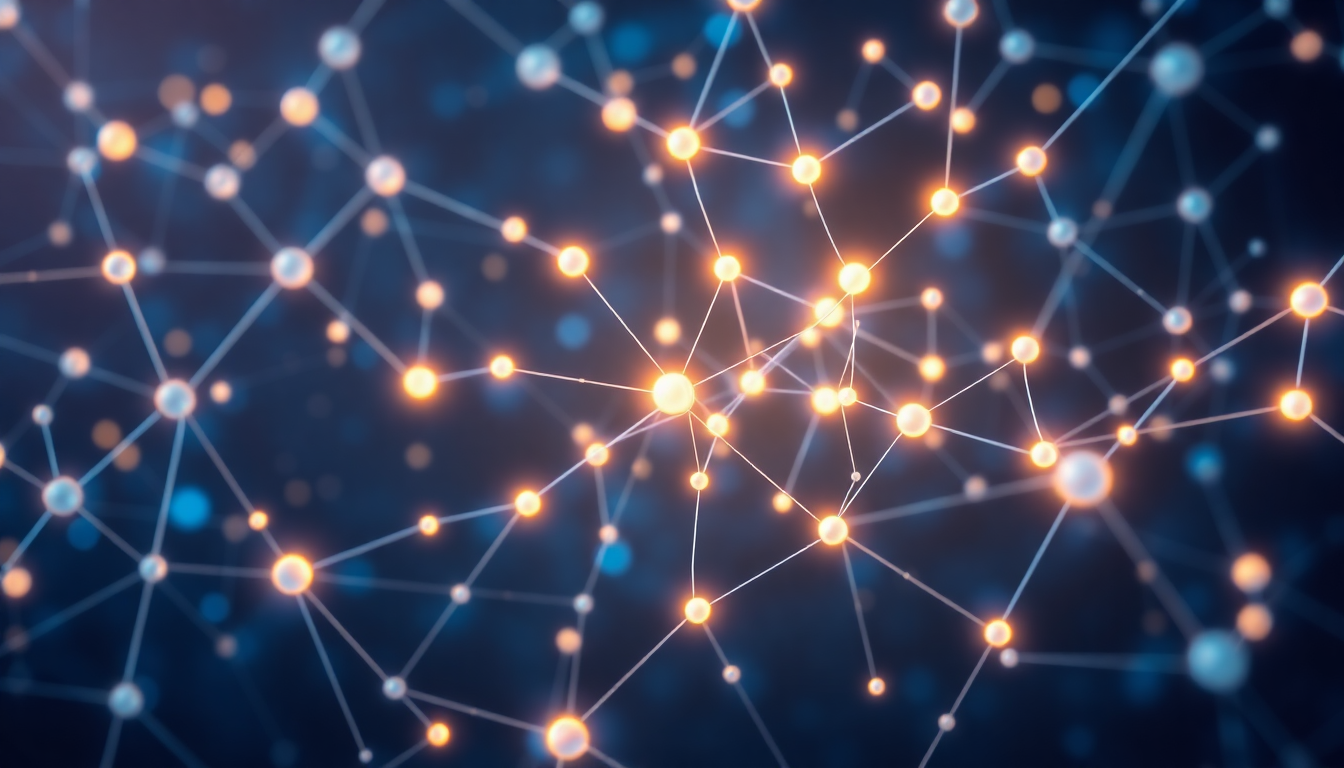 Abstract dark blue background with glowing orange and blue nodes connected by thin white lines.