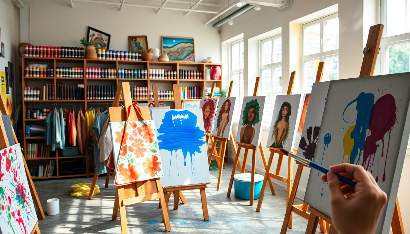 Art studio with multiple easels displaying vibrant paintings; a hand with a blue brush creates a blue drippy abstract on the foreground
