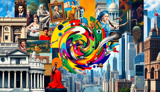 Colorful swirl centerpiece surrounded by architectural landmarks, statues, and portraits in a collage.