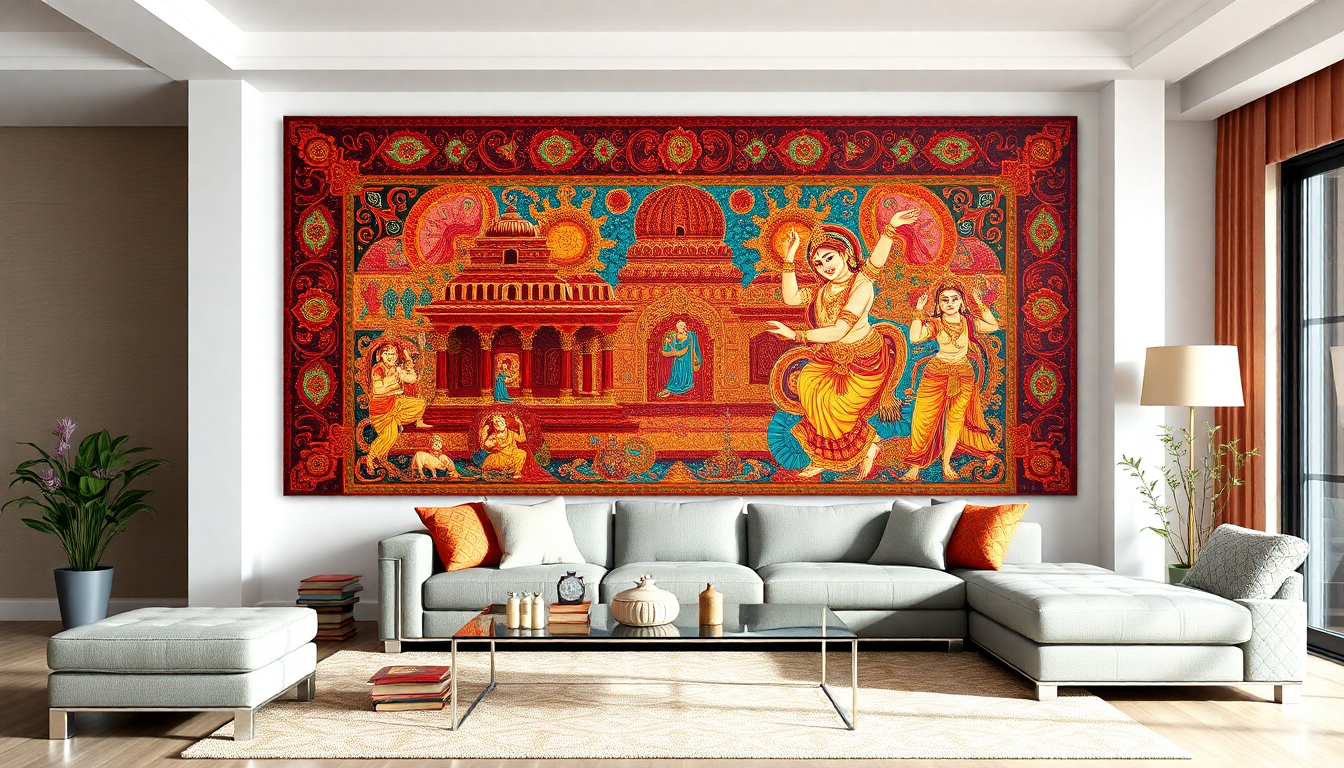 Living room with a light gray sectional sofa, orange cushions, glass coffee table, and a large colorful Indian wall tapestry.
