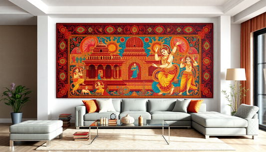 Living room with a light gray sectional sofa, orange cushions, glass coffee table, and a large colorful Indian wall tapestry.
