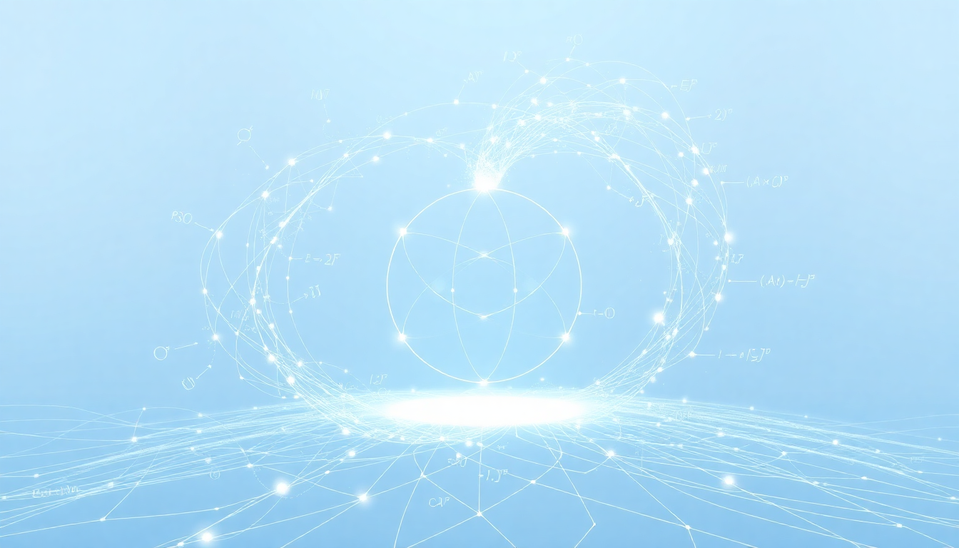 Abstract white circular network with glowing nodes and connecting lines on a light blue background.
