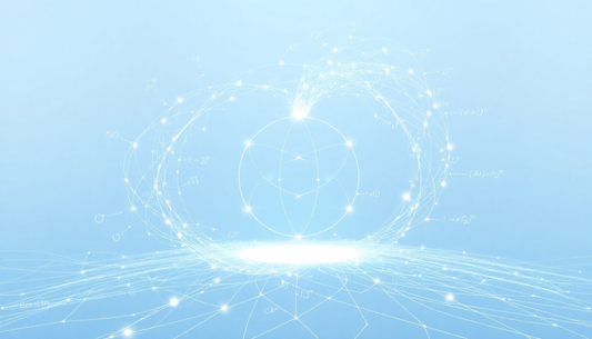 Abstract white circular network with glowing nodes and connecting lines on a light blue background.
