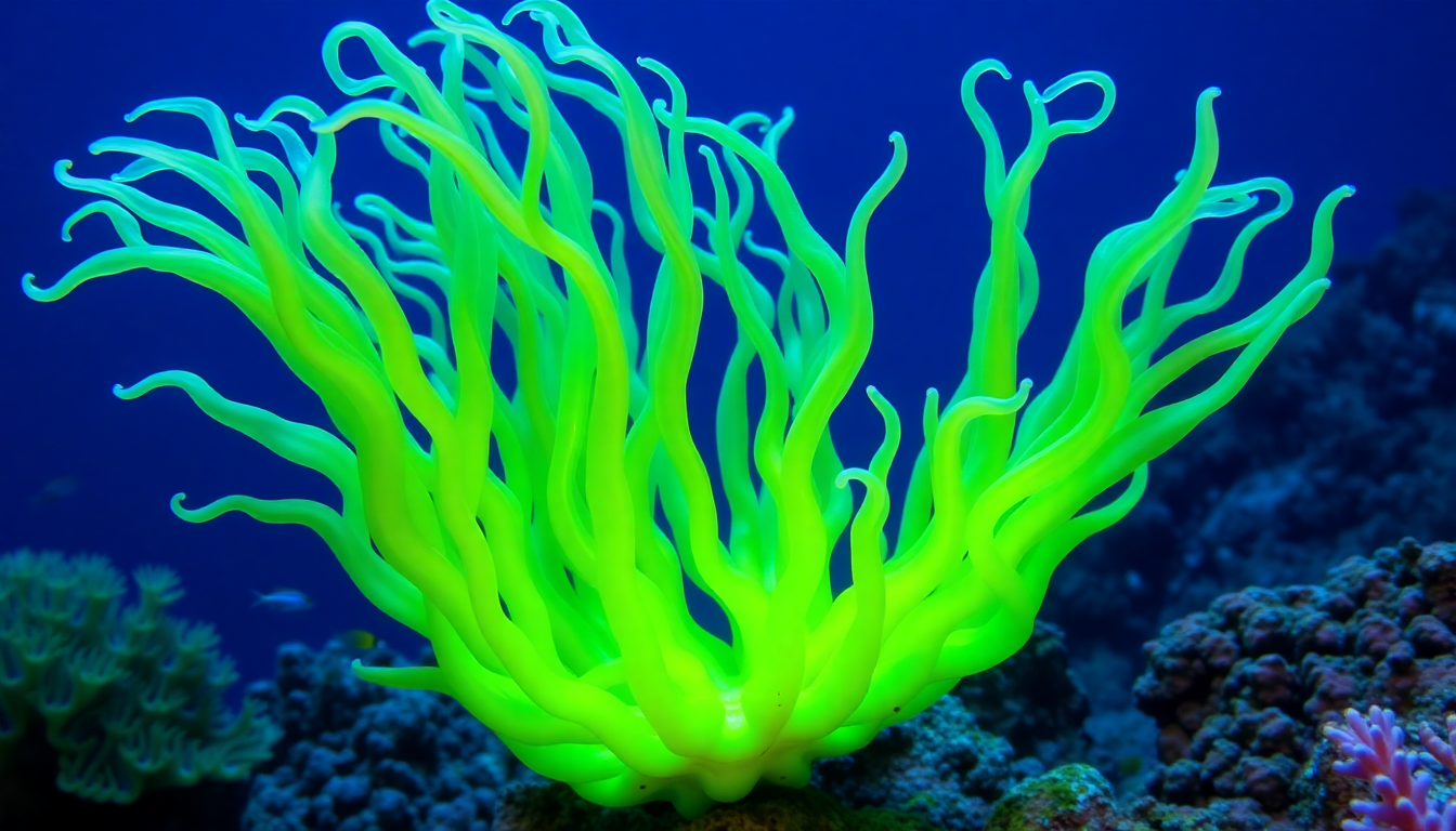 Bright neon-green Euphyllia glabrescens coral with long, wavy tentacles against a blue reef backdrop.