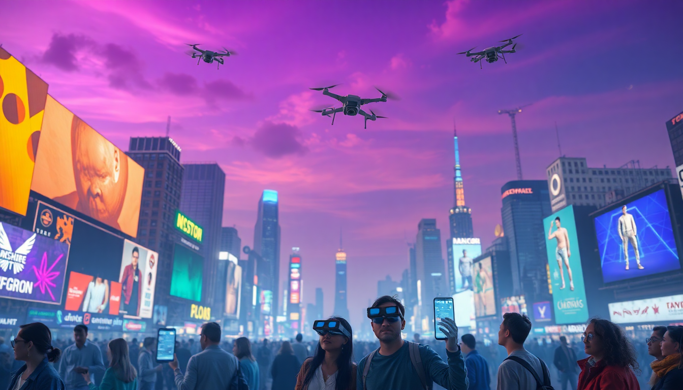 Crowded city square at dusk with large digital billboards, drones overhead, and people using smartphones