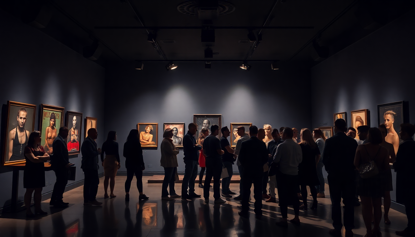 Group of visitors in a dim art gallery viewing framed portraits on blue walls.