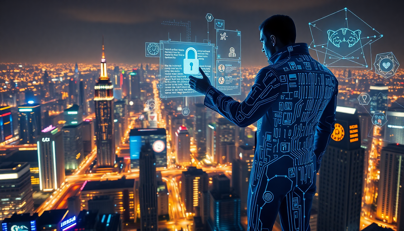 A man in a high-tech, circuit-pattern suit interacts with holographic security interfaces over a brightly lit city skyline.