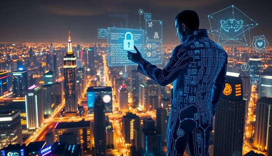 A man in a high-tech, circuit-pattern suit interacts with holographic security interfaces over a brightly lit city skyline.