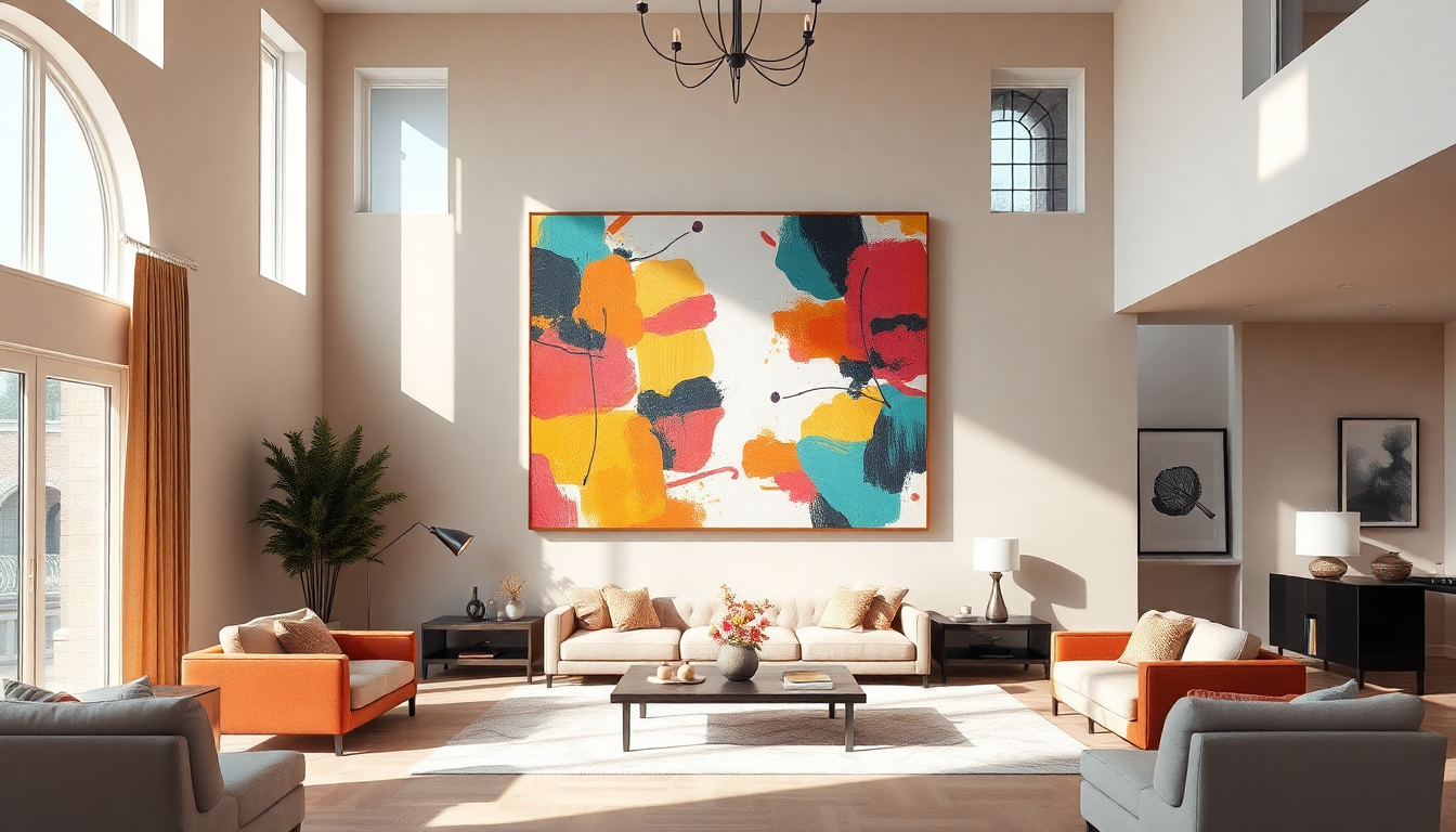 Bright living room with a large colorful abstract painting above a beige sofa, flanked by orange chairs and a dark wood coffee table.