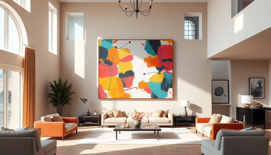 Bright living room with a large colorful abstract painting above a beige sofa, flanked by orange chairs and a dark wood coffee table.
