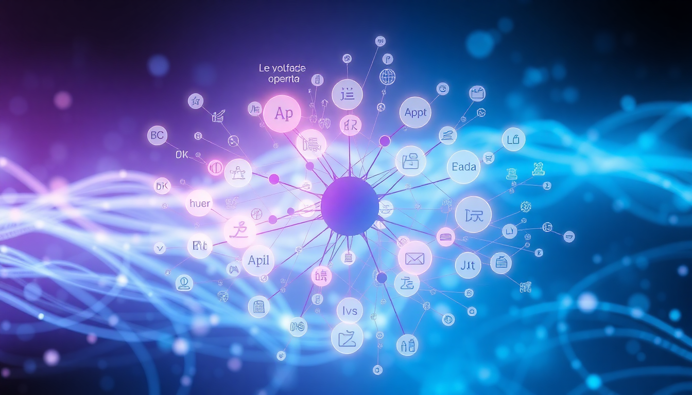 Blue and purple digital network with a central sphere connected to many circular icons and symbols.