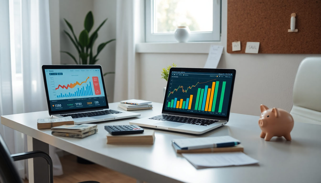 Desk with two laptops displaying colorful financial charts, a pink piggy bank, calculator, and scattered notebooks.