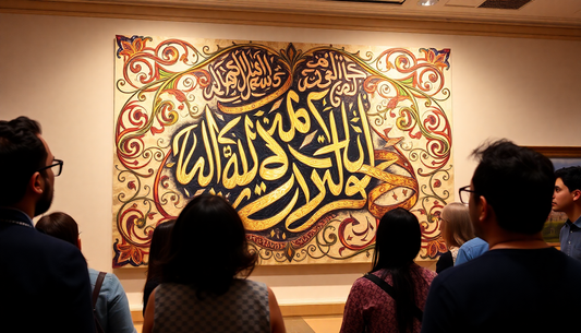 Large square painting featuring gold Arabic calligraphy on a dark background, framed by colorful red and orange swirls, with gallery
