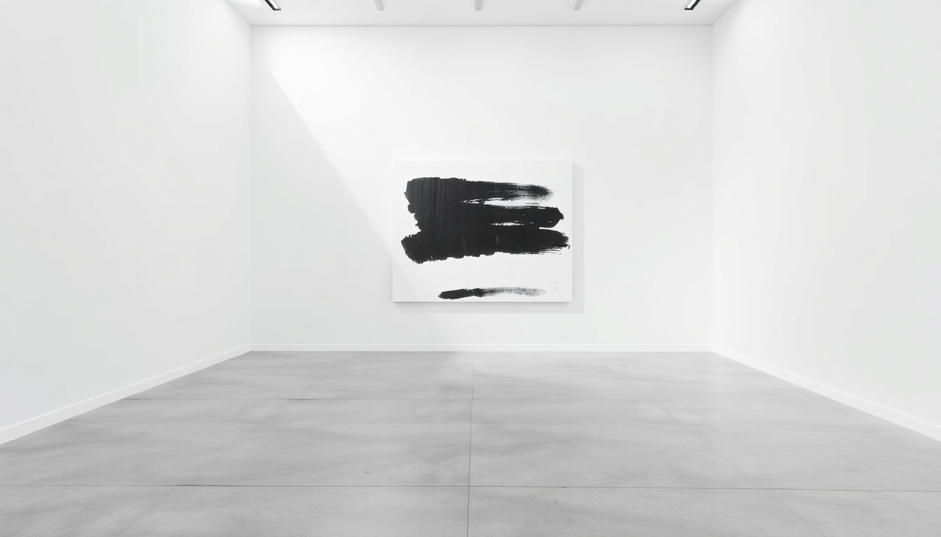 A white-walled gallery displays a single white canvas with bold black brushstrokes.