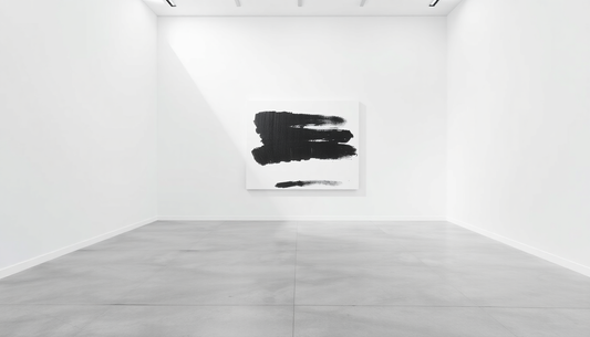 A white-walled gallery displays a single white canvas with bold black brushstrokes.