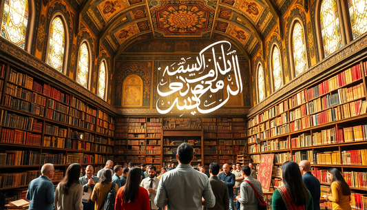 Crowded historic library with tall wooden shelves and ornate arched ceiling, as people gather beneath white Arabic calligraphy artwork.