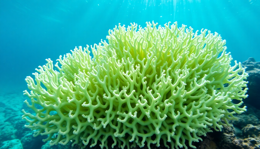 Large lime-green branching coral Merulina ampliata underwater with a blue background and rocky seabed.
