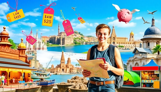 Smiling young backpacker holds a map beside a coastal cityscape with colorful price-tag pennants in the sky.