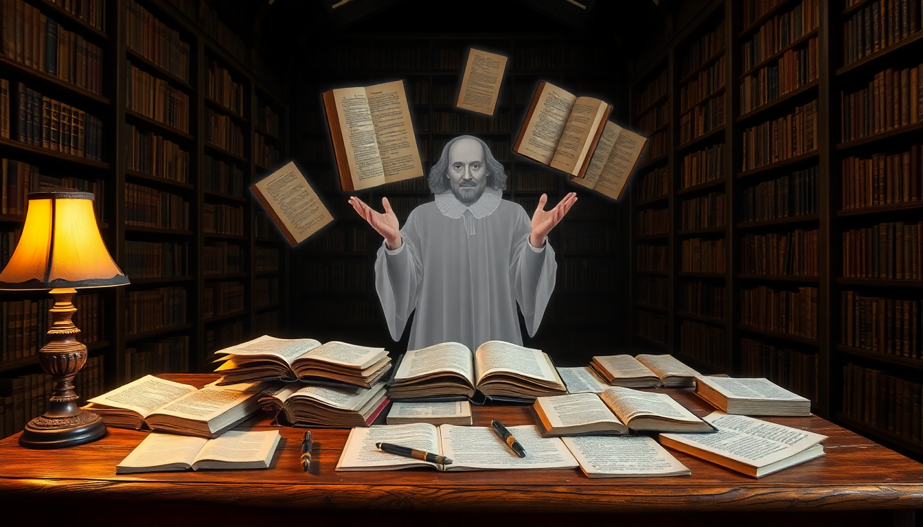 A ghostly Shakespearean figure in a white robe stands behind a wooden desk, surrounded by open books and floating pages.