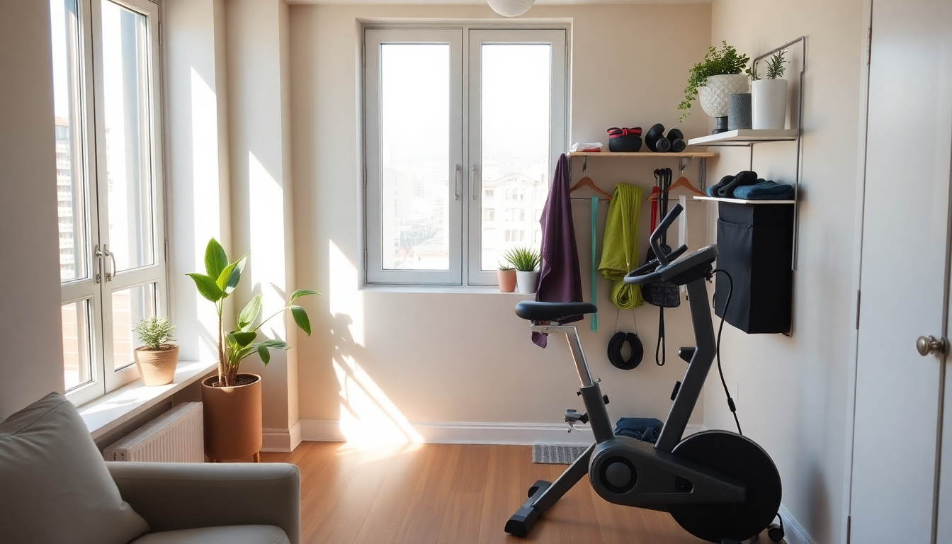 Small bright home gym with a black stationary bike in front of a wall shelf, potted plants, and hanging towels by a window.