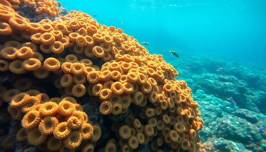 Underwater view of a dense orange colony of circular cup-shaped corals covering a reef.
