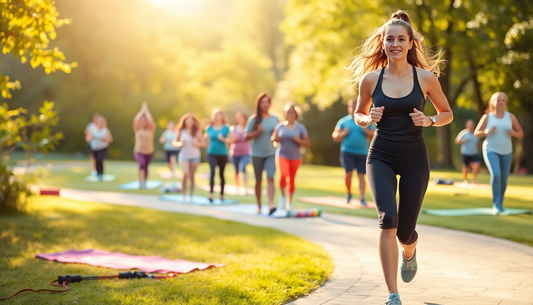 Group of people doing outdoor exercise on mats in a sunlit park, with a smiling woman in a black tank top and leggings running toward the
