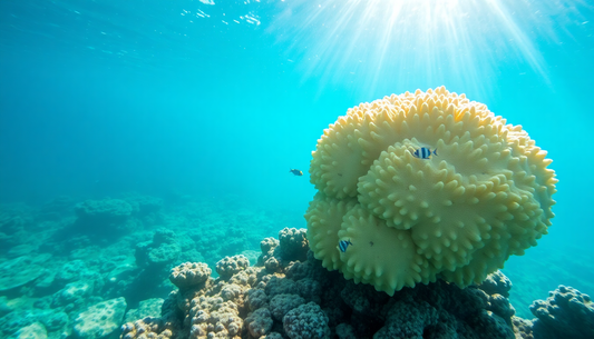 Underwater view of a large pale yellow-green coral colony with small blue-striped damselfish nearby.