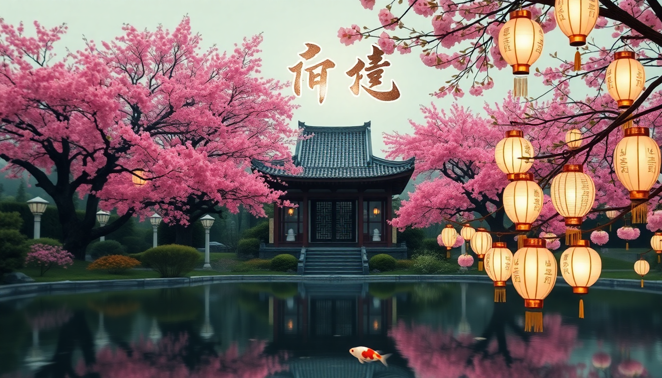 Traditional wooden pavilion in a garden with pink cherry blossoms, glowing lanterns on the right, and a koi pond reflecting the scenery.