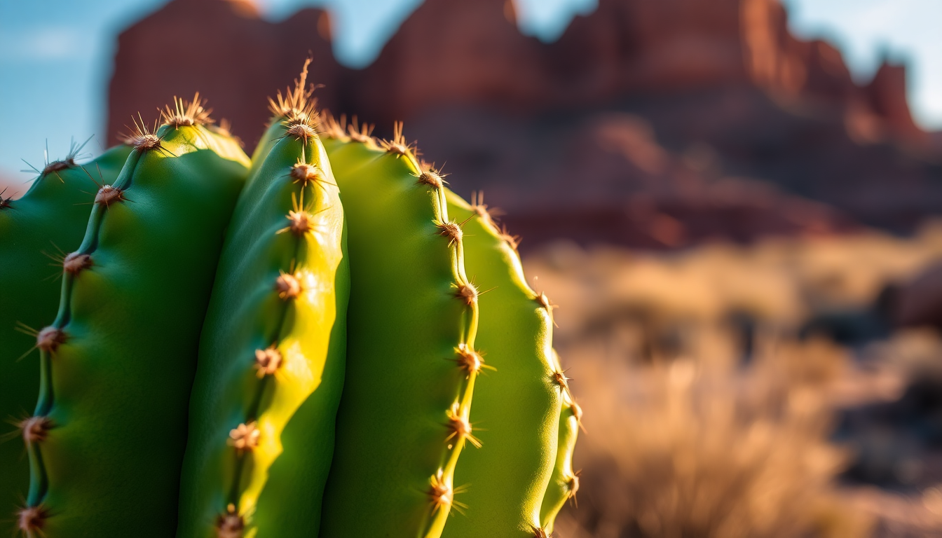 Close-up of a bright green Pavona cactus pad with brown spines along its edges, desert rocks blurred in the background.