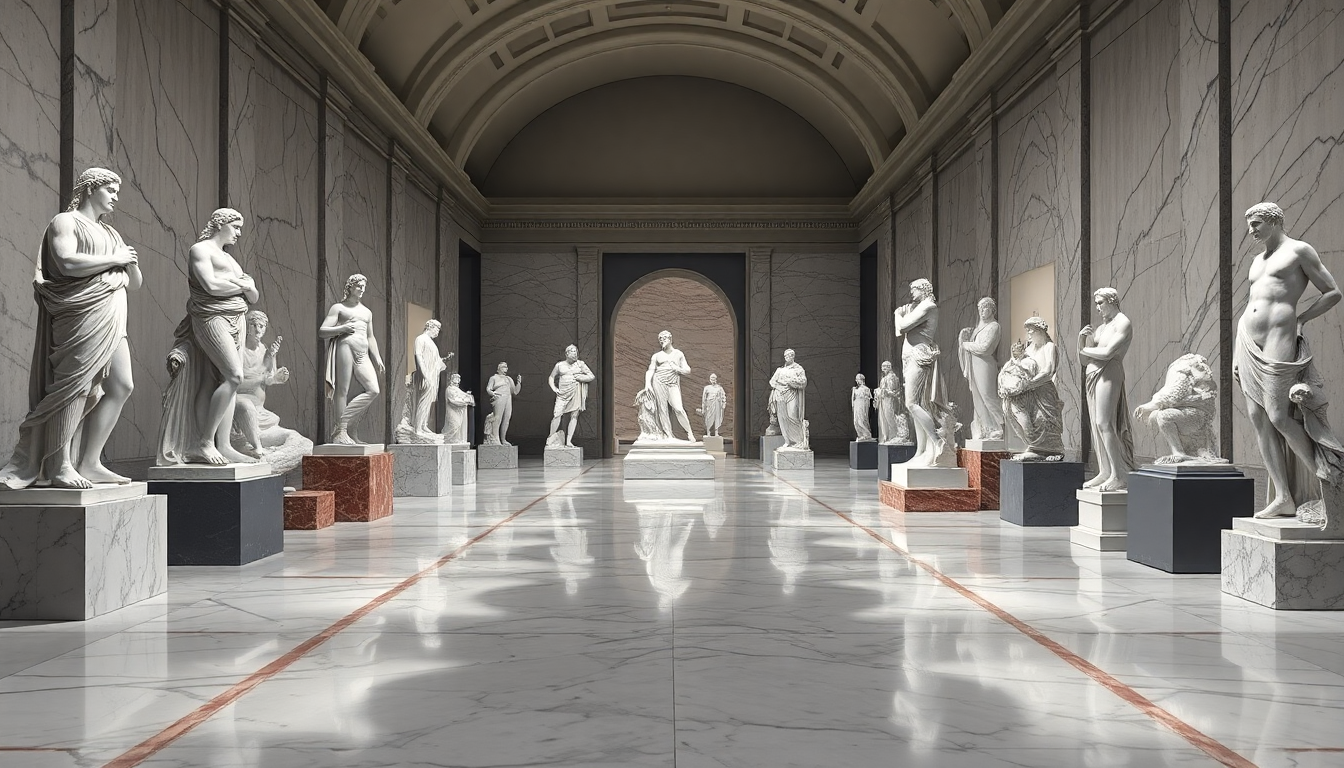Long marble-gallery room with white classical statues on pedestals along marble walls and a distant arched doorway.