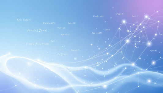 Blue gradient background with a white network of connected dots and flowing light lines, and faint mathematical equations scattered.
