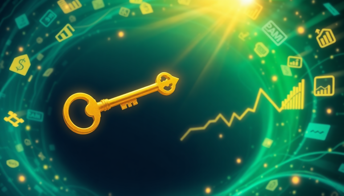 A golden ornate key floats in a neon green-blue digital swirl with rising stock charts and financial icons.