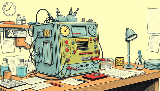 A vintage blue alien detector device on a cluttered desk with gauges, cables, and scattered papers.