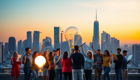 Diverse group on a city rooftop at sunset, holding painting supplies and papers around a large light bulb prop.