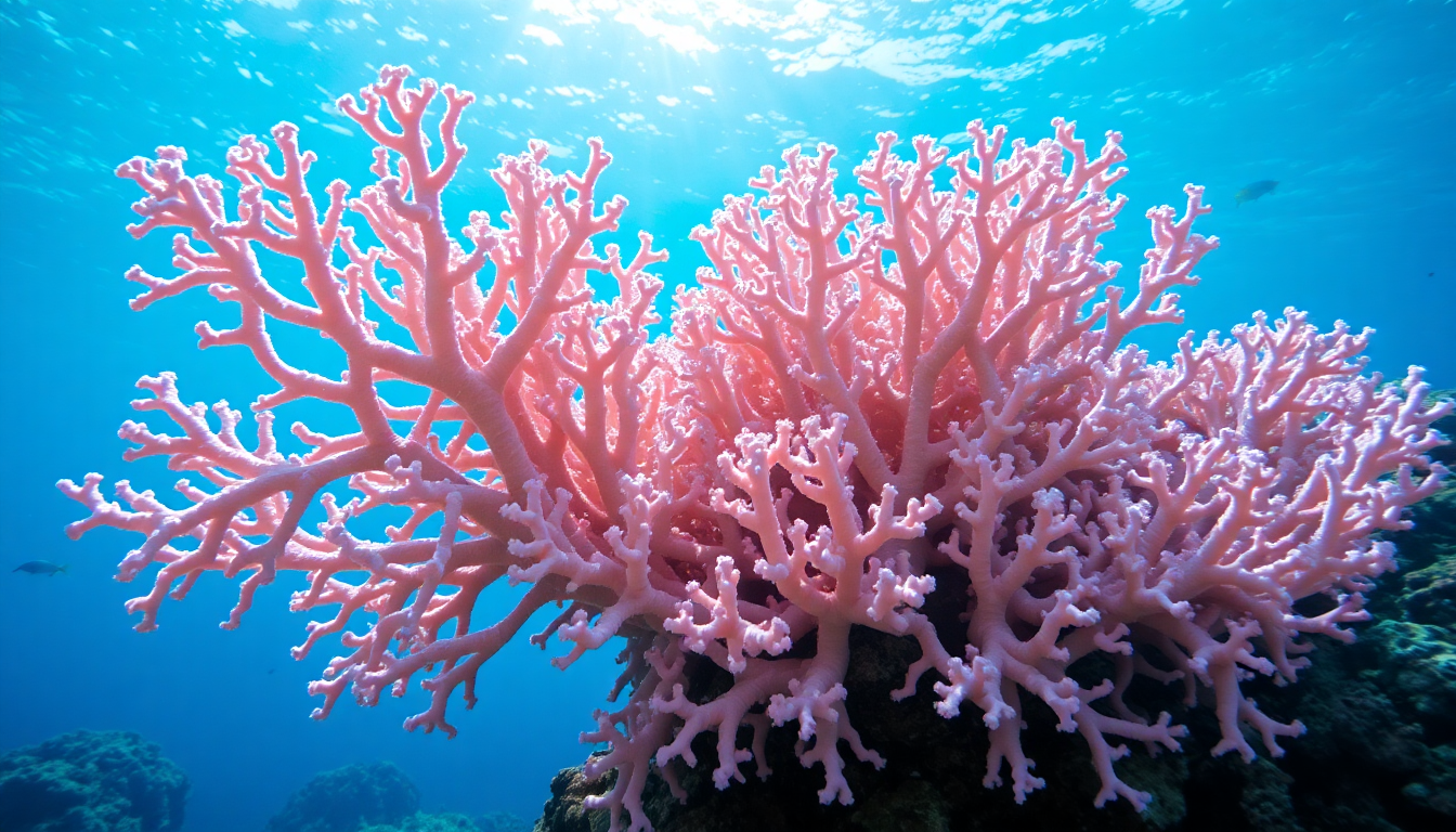 Pink Montipora digitata coral with dense, branching fronds atop a rocky reef in clear blue seawater.