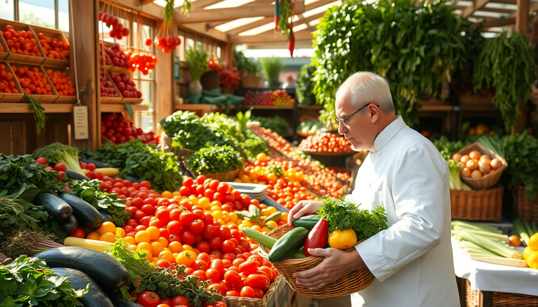 Older man in a white coat holds a wicker basket of fresh vegetables (cucumber, peppers, greens) at a bustling farmers market.