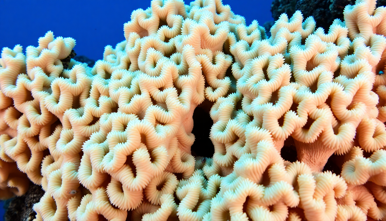Close-up of orange-pink Favia favus coral polyps.