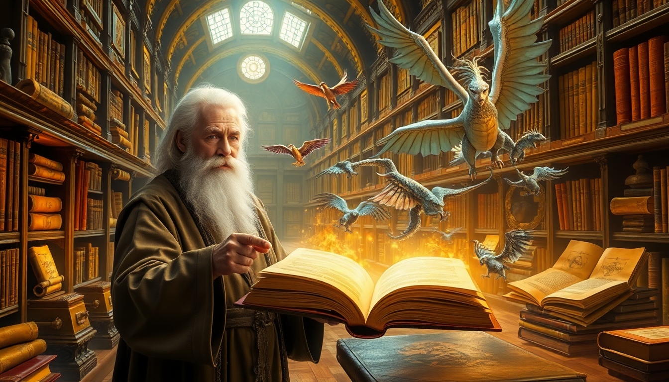 Old wizard with white beard points to an open glowing book in a vaulted library, as glowing fire and flying mythical creatures surround him.