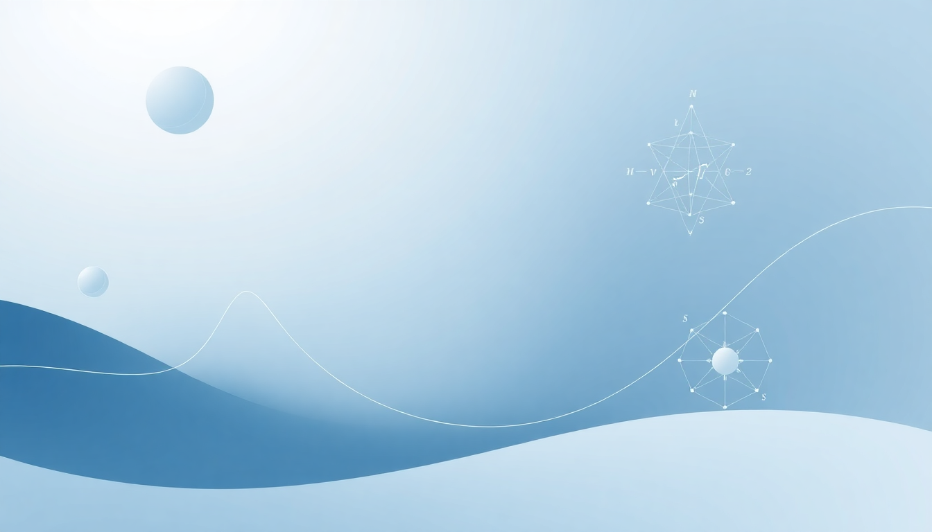 Abstract blue gradient background with white curved line, floating spheres, and geometric network diagrams.