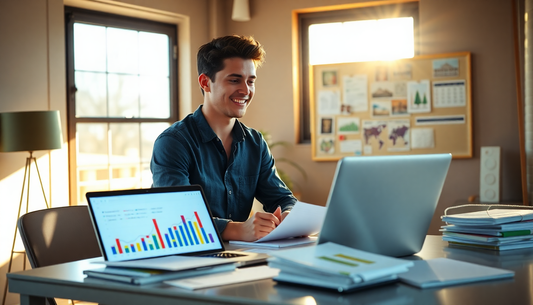 Smiling young man in a blue shirt sits at a cluttered desk with two laptops,