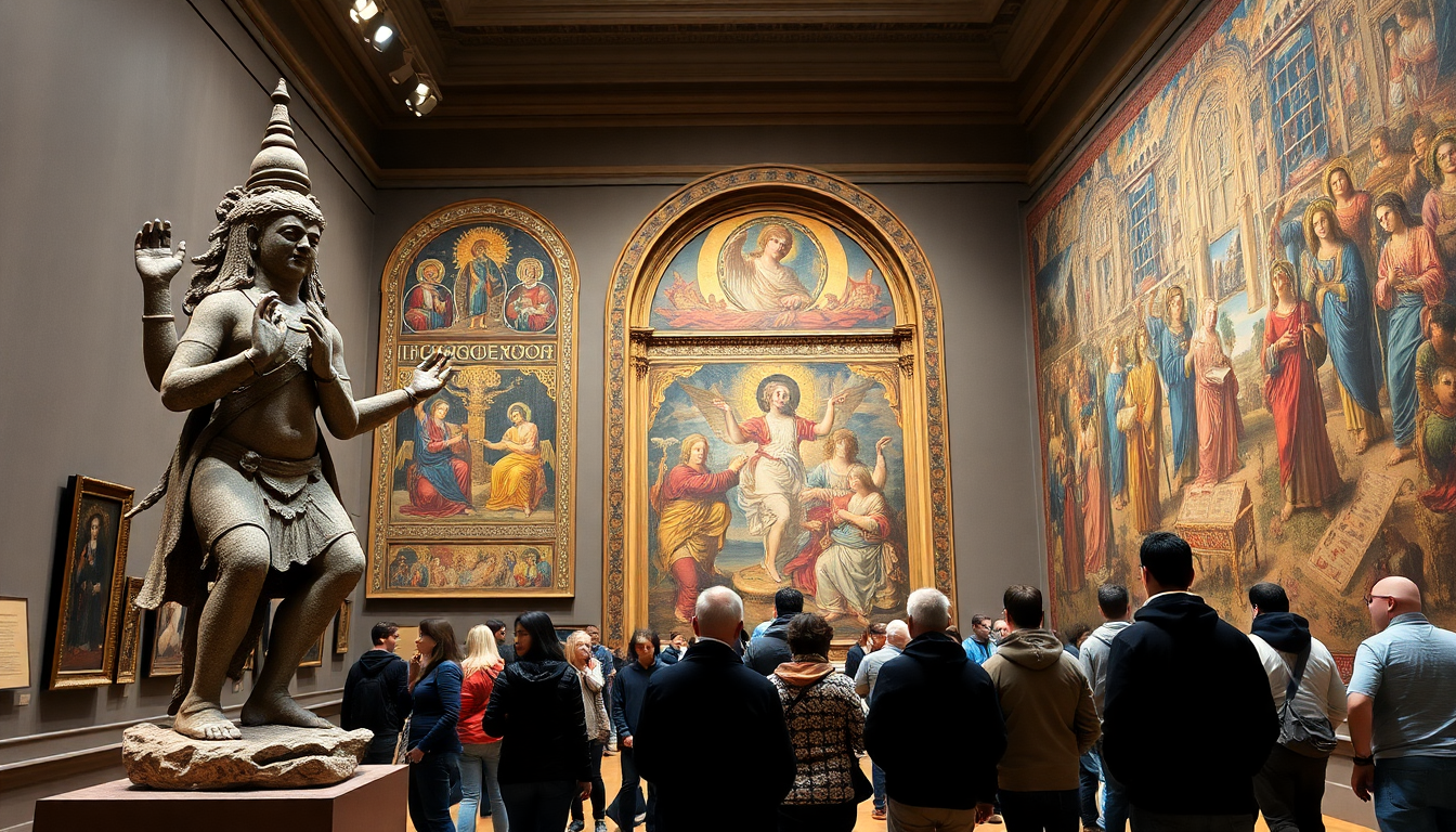 Large stone statue of a Hindu deity with a raised right hand, exhibited in a gallery with Renaissance religious paintings and visitors.