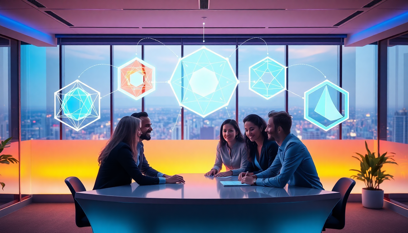 Five professionals sit around a glossy conference table in a modern office as glowing holographic geometric shapes float above them.
