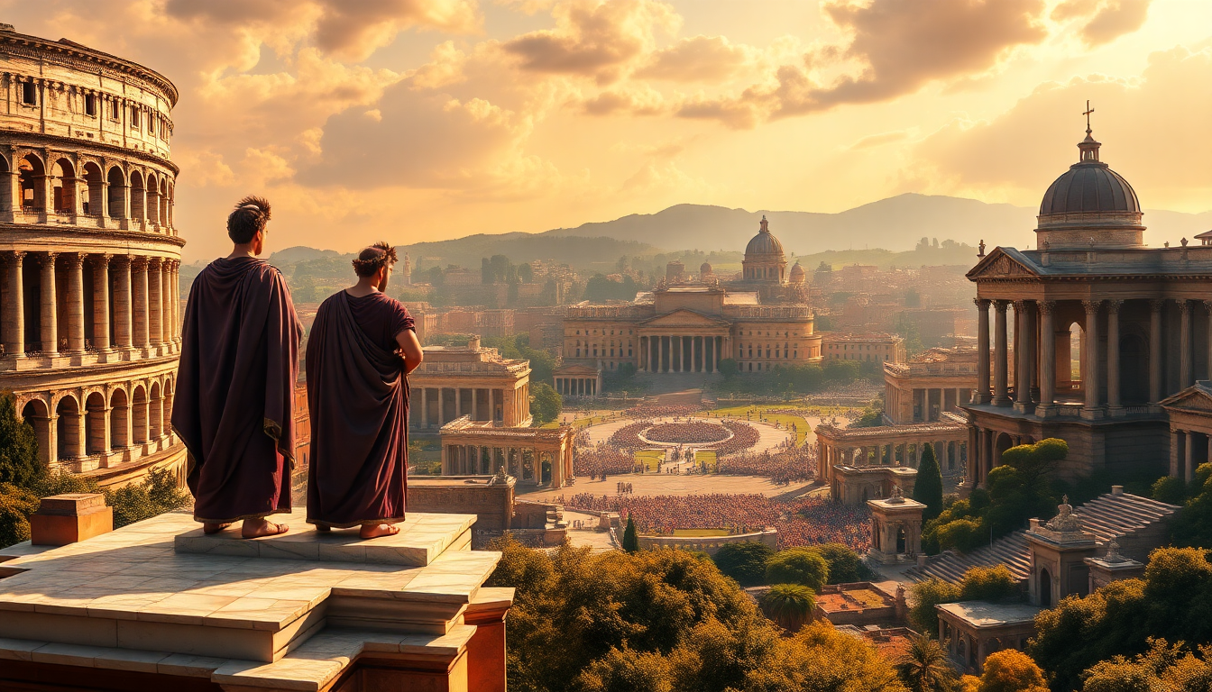 Two robed figures stand on a marble platform overlooking a Roman-era city with the Colosseum, domed temples, and a sunset sky.