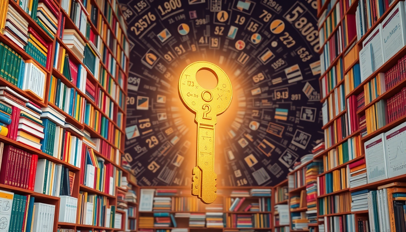 A large golden key glows in the center of a library, with tall bookshelves on both sides.