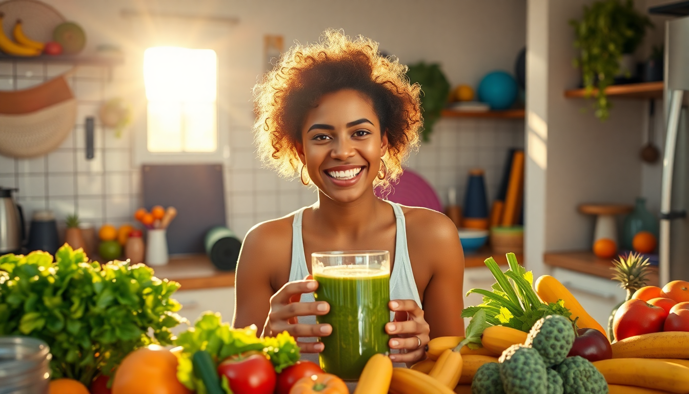 Smiling woman in a light tank top holds a glass of green vegetable smoothie in a bright kitchen surrounded by fresh produce.