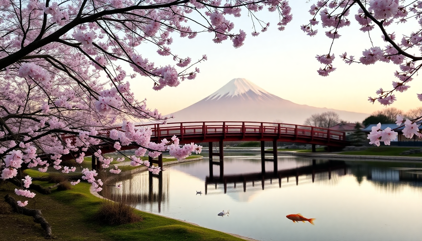 Cherry blossoms frame a red wooden bridge over a calm lake with Mount Fuji in the distance.